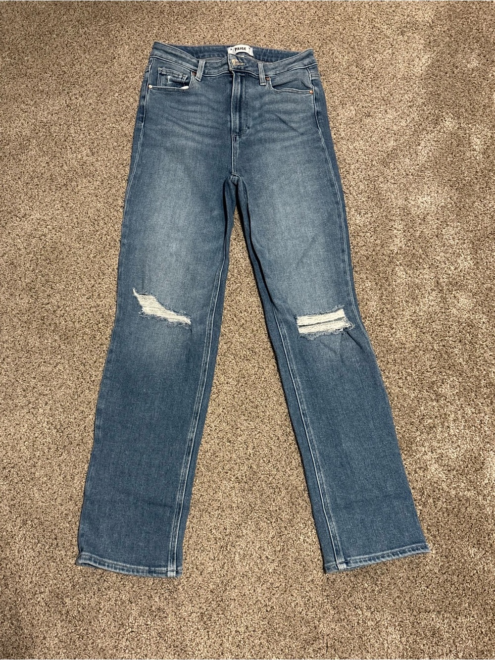 PAIGE Blue Distressed Straight-Leg Jeans